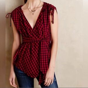 VGUC Anthropologie brand Holding Horses black & red plaid wrap blouse waist tie
